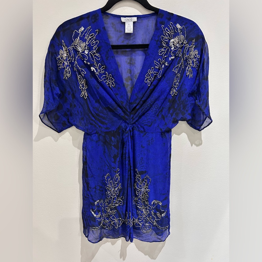 Cache Sheer Peasant Tunic y2k Chic Sequin Bead Embellished 100% Silk Blouse- XS